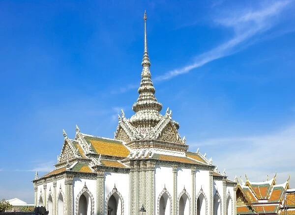Bangkok, Thailand - A Buddhist temple with an ornately decorated roof and white walls