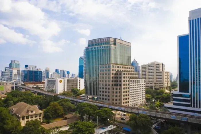 Framed Print : Bangkok, Thailand - The downtown buildings of a city and residential area are separated