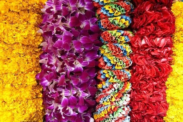 Bangkok, Thailand - Ribbons of colorful flowers are hanging on display