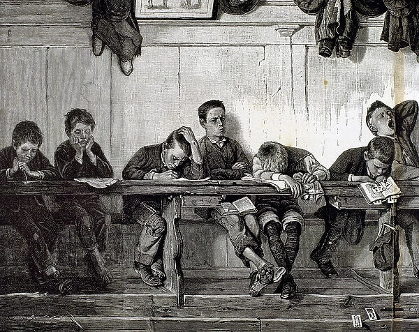Bank of punished in a school. Engraving, 1884