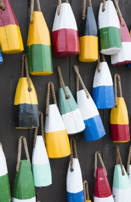 Framed Print : Bar Harbor Maine colorful buoys on wall for sale and state specialty souvenirs for