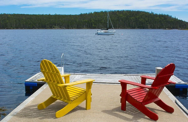 Bar Harbor Maine Life in Maine peaceful scene on water with Adirondack chairs to relax