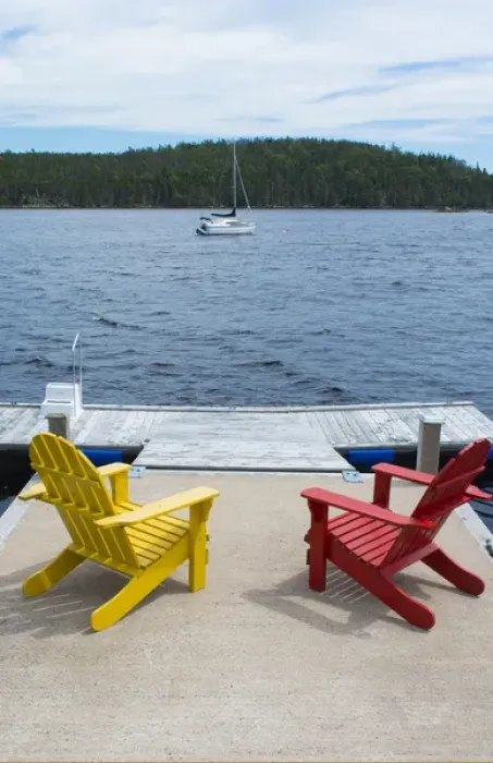 Framed Print : Bar Harbor Maine Life in Maine peaceful scene on water with Adirondack chairs to relax