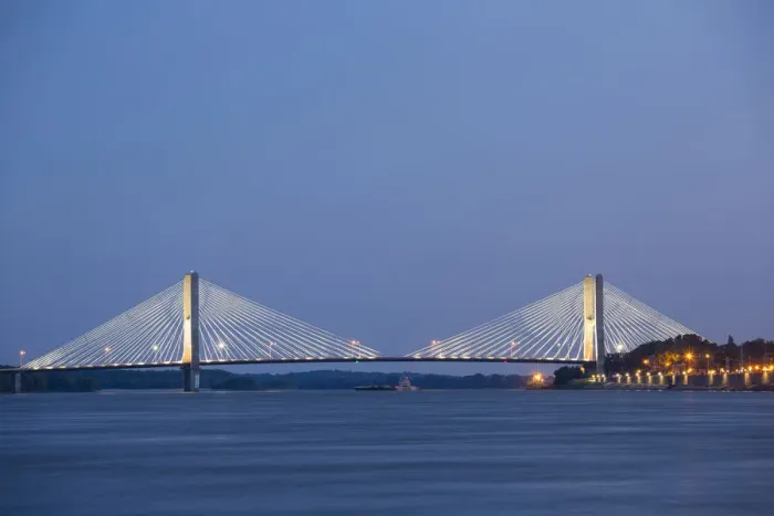 Framed Print : Barge on Mississippi River and Bill Emerson Memorial Bridge at dusk, Cape Girardeau Framed Print : Barge on Mississippi River and Bill Emerson Memorial Bridge at dusk, Cape Girardeau