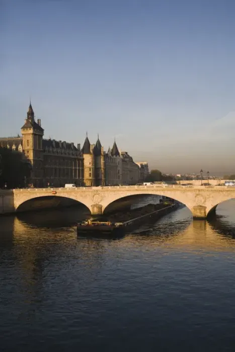 Framed Print : Barge on Seine, Conciergerie on Ile de la Cite, Pont au Change, Paris, France Framed Print : Barge on Seine, Conciergerie on Ile de la Cite, Pont au Change, Paris, France