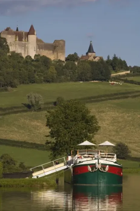 Framed Print : Barge tied to bank of Burgundy Canal, Chateau Neuf en Auxois, Cote d Or, Burgundy Framed Print : Barge tied to bank of Burgundy Canal, Chateau Neuf en Auxois, Cote d Or, Burgundy