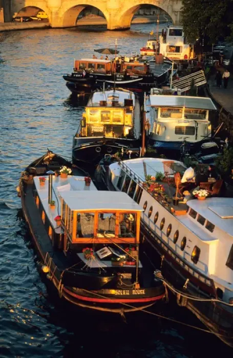 Framed Print : Barges tied up to quai along Seine; Pont Neuf Paris; France Framed Print : Barges tied up to quai along Seine; Pont Neuf Paris; France
