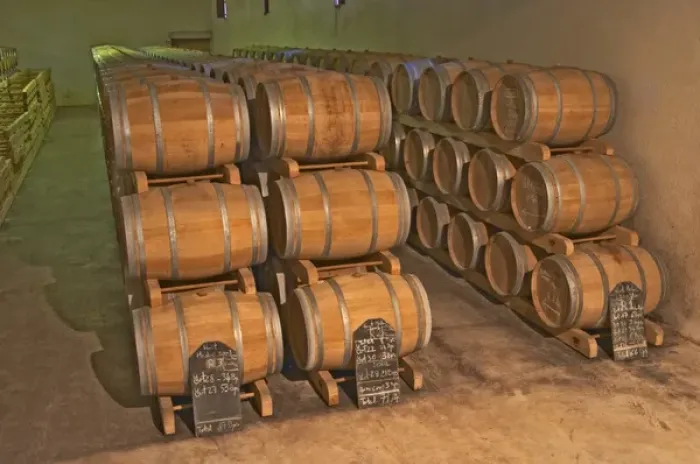 Framed Print : The barrel aging cellar, full of barriques - Chateau Belgrave, Haut-Medoc, Grand