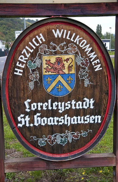 Barrel wine welcome sign of St Goar St Goarhausen Germany wine country on Rghine River
