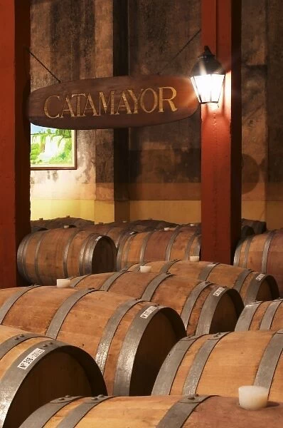 Barrels for storing the wine in wood A sign saying Catamayor. Bodega Castillo Viejo Winery