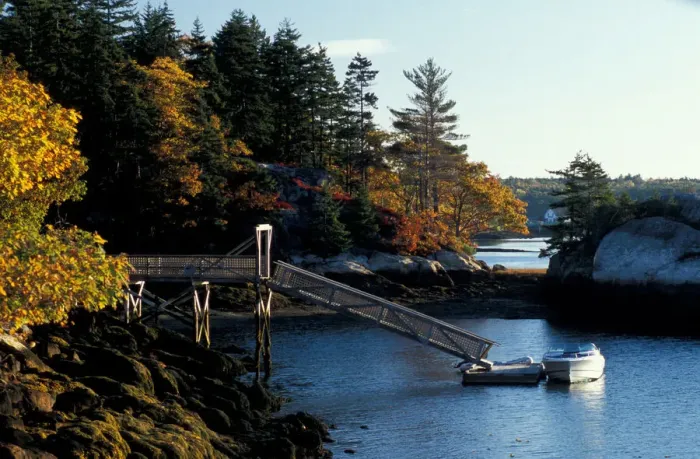 Framed Print : Barters Island, Boothbay, ME A private boat dock next to the Porter