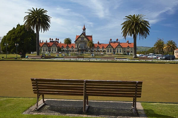 Bath House (Rotorua Museum), park bench, and bowling greens, Government Gardens, Rotorua