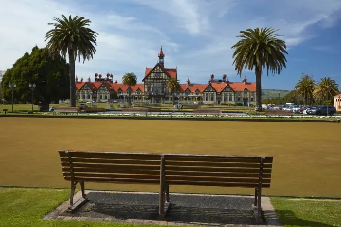 Framed Print : Bath House (Rotorua Museum), park bench, and bowling greens, Government Gardens, Rotorua