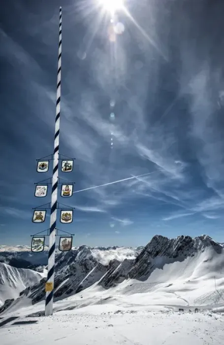 Framed Print : Bavarian Alps, Zugspitze, Germany and Maypole in winter vertical Framed Print : Bavarian Alps, Zugspitze, Germany and Maypole in winter vertical