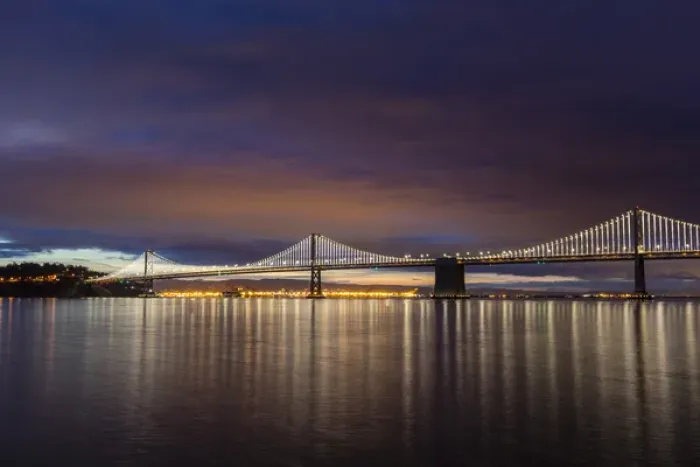 Framed Print : The Bay Bridge reflects at dawn in San Francisco, California, USA Framed Print : The Bay Bridge reflects at dawn in San Francisco, California, USA