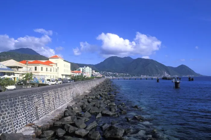 Framed Print : Bay front with ocean and mountains Capital City of Roseau in Dominica