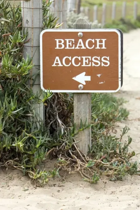 Framed Print : Beach Access sign points to public access to the beach