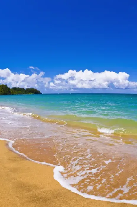 Framed Print : Empty beach and blue waters on Hanalei Bay, Island of Kauai, Hawaii