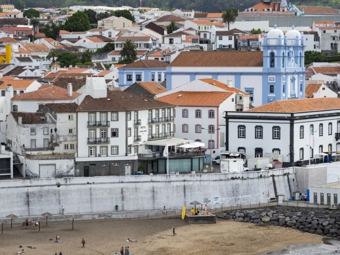 Framed Print : The beach. Capital Angra do Heroismo historic center (UNESCO World Heritage Site)