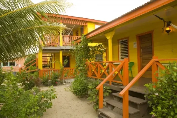 Framed Print : Beach houses and palm tree, Placencia, Stann Creek District, Belize, Central America