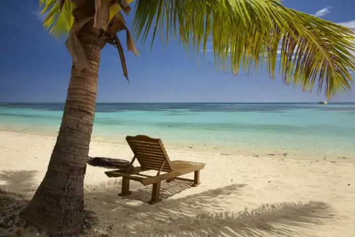 Framed Print : Beach, palm trees and lounger, Plantation Island Resort, Malolo Lailai Island, Mamanuca Islands