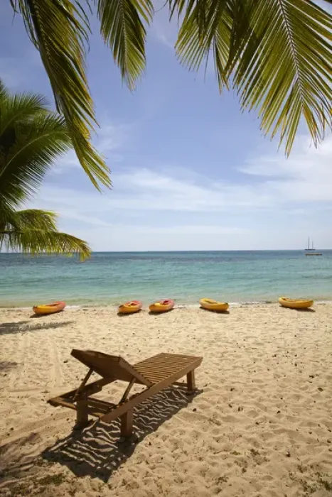 Framed Print : Beach, palm trees and lounger, Plantation Island Resort, Malolo Lailai Island, Mamanuca Islands