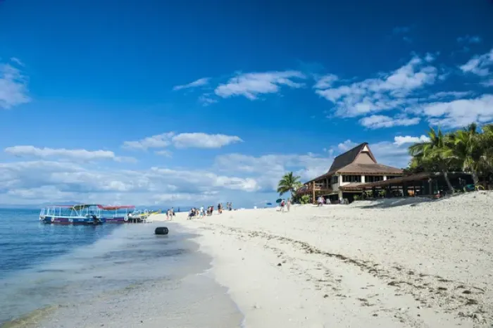 Framed Print : Beach restaurant on Beachcomber island, Mamanucas islands, Fiji, South Pacific