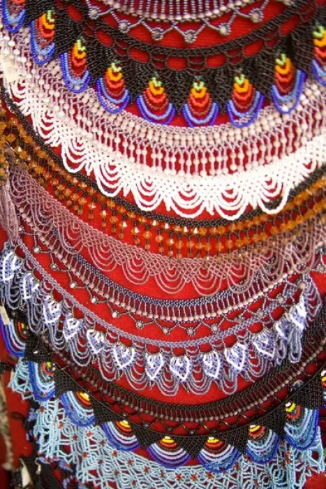Framed Print : Beaded necklaces on display at market, Cuenca, Ecuador, South America