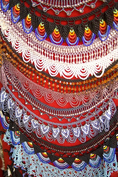 Beaded necklaces on display at market, Cuenca, Ecuador, South America