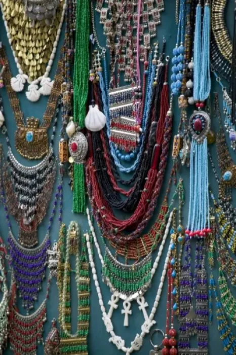 Framed Print : Beads for sale by vendor in the Market Place Luxor, Egypt