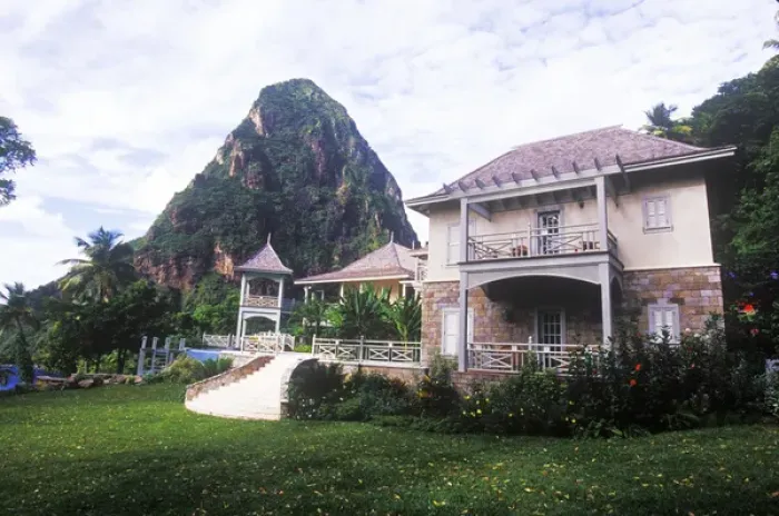 Framed Print : Beau Estate and Petit Piton, Souffriere, St Lucia, Caribbean Framed Print : Beau Estate and Petit Piton, Souffriere, St Lucia, Caribbean