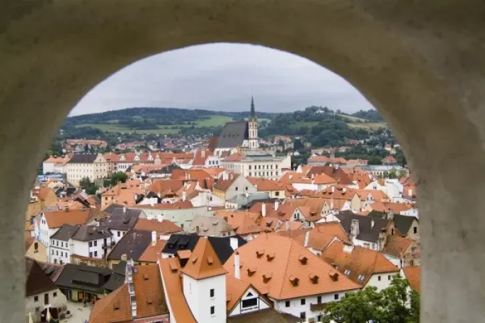 Framed Print : Beautiful aerial thru window from mountaintop of the picturesque small village with Framed Print : Beautiful aerial thru window from mountaintop of the picturesque small village with