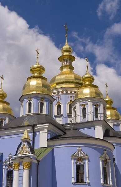 Beautiful blue gold domed church called St Michaels Cathedral in downtown Kiev Ukraine