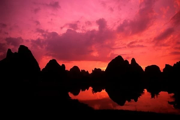 Beautiful color at sunset of limestone mountains in Guilin