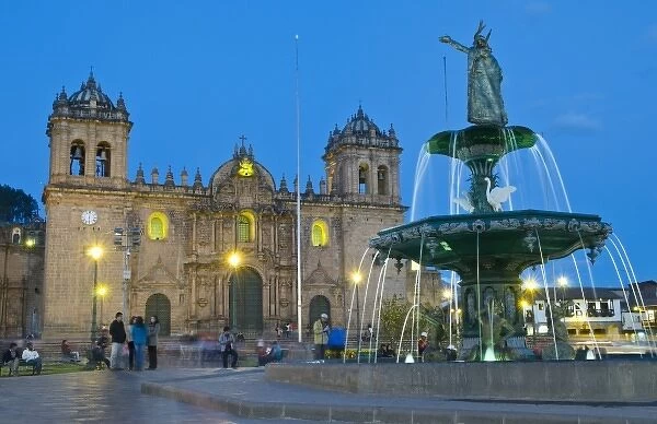 Beautiful colorful night exposure of fountain Main Square in center of Cusco Cuzco