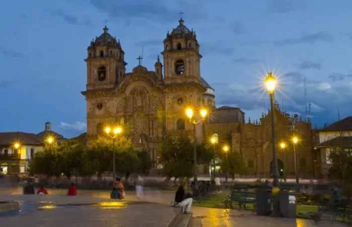 Framed Print : Beautiful colorful night exposure of fountain Main Square in center of Cusco Cuzco