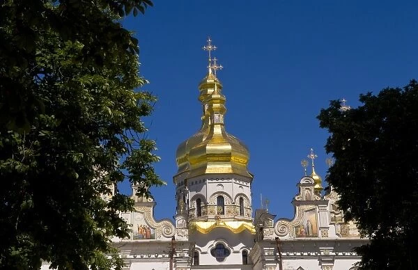 Beautiful famous Perchersk Lavra Church with gold dome in Kiev Ukraine