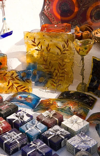 Beautiful glass souvenirs in a shop in Santorini
