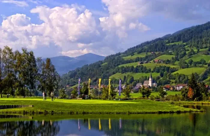 Framed Print : Beautiful golf with golfers at the #18 hole at exclusive Golf Club Murau Kreischberg Framed Print : Beautiful golf with golfers at the #18 hole at exclusive Golf Club Murau Kreischberg