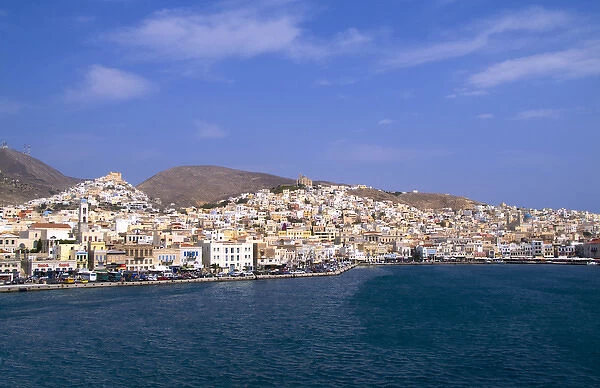 Beautiful Greek island of Siros Greece taken from ferry on water