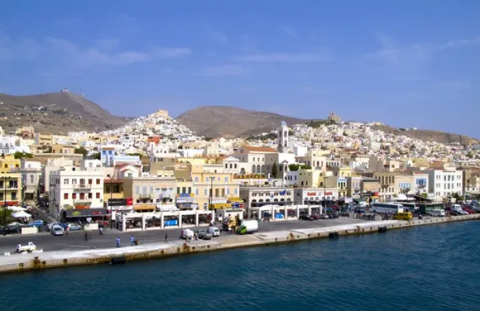 Framed Print : Beautiful Greek island of Siros Greece taken from ferry on water Framed Print : Beautiful Greek island of Siros Greece taken from ferry on water