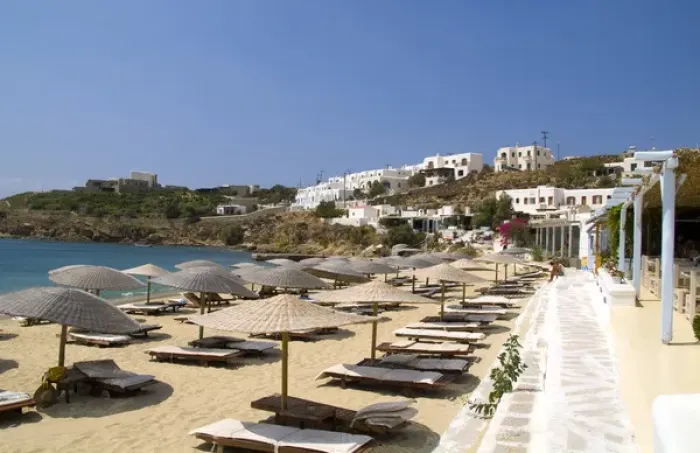 Framed Print : Beautiful island of Mykonos Greece and beach called St Stefanos Beach Framed Print : Beautiful island of Mykonos Greece and beach called St Stefanos Beach