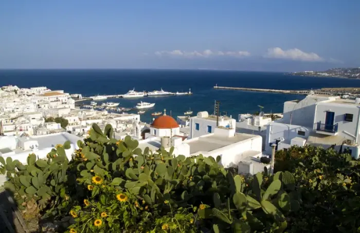 Framed Print : Beautiful island of Mykonos Greece central city from above with white buildings