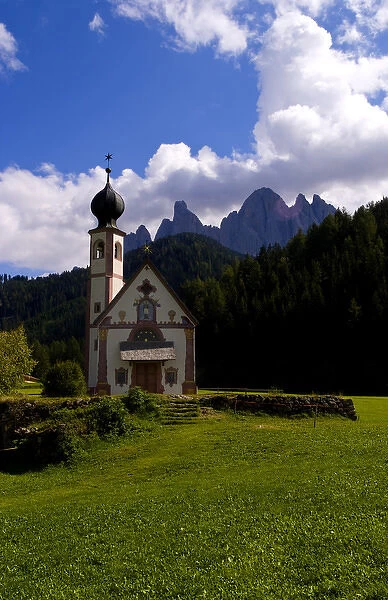 Beautiful isolated lonely church called Rainui in valley in the Italian Dolomites