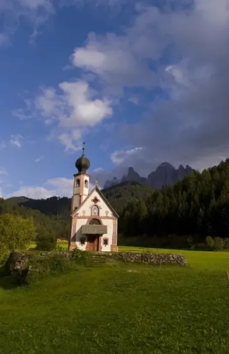 Framed Print : Beautiful isolated lonely church called Rainui in valley in the Italian Dolomites