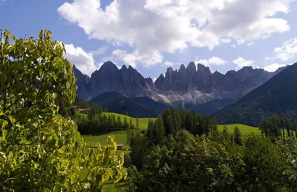 Beautiful isolated valley in the Italian Dolomites village of Val Di Funes mountains