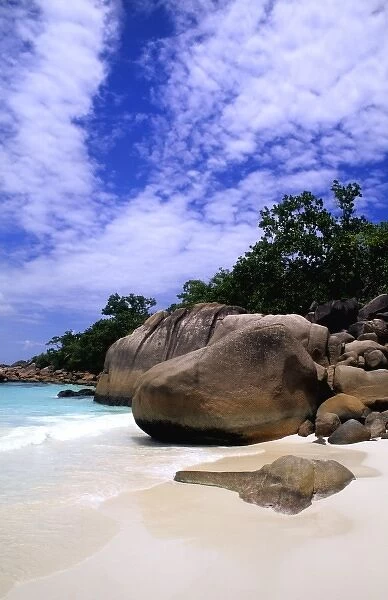 Beautiful perfect scene of the famous rocks and beach at La Digue in the Seychelle