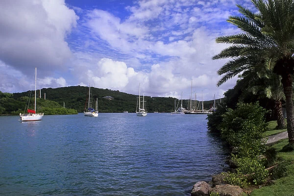 Beautiful port with ships and ocean in colorful English Harbour in Antigua