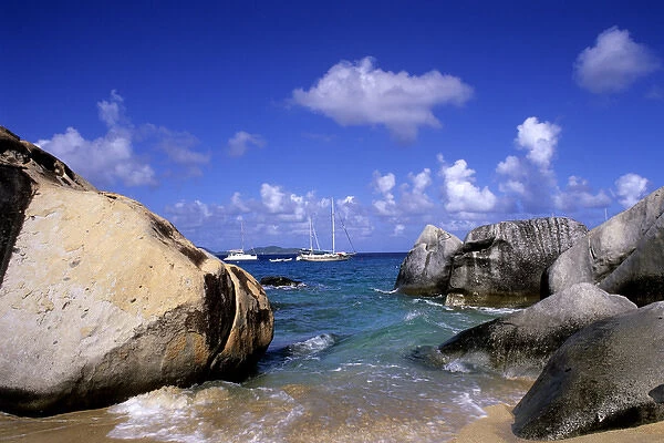 Beautiful rock formation boulder rocks with blue water ocean at The Baths of Virgin