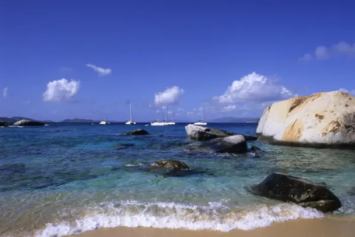 Framed Print : Beautiful rock formation boulder rocks with blue water ocean at The Baths of Virgin Framed Print : Beautiful rock formation boulder rocks with blue water ocean at The Baths of Virgin